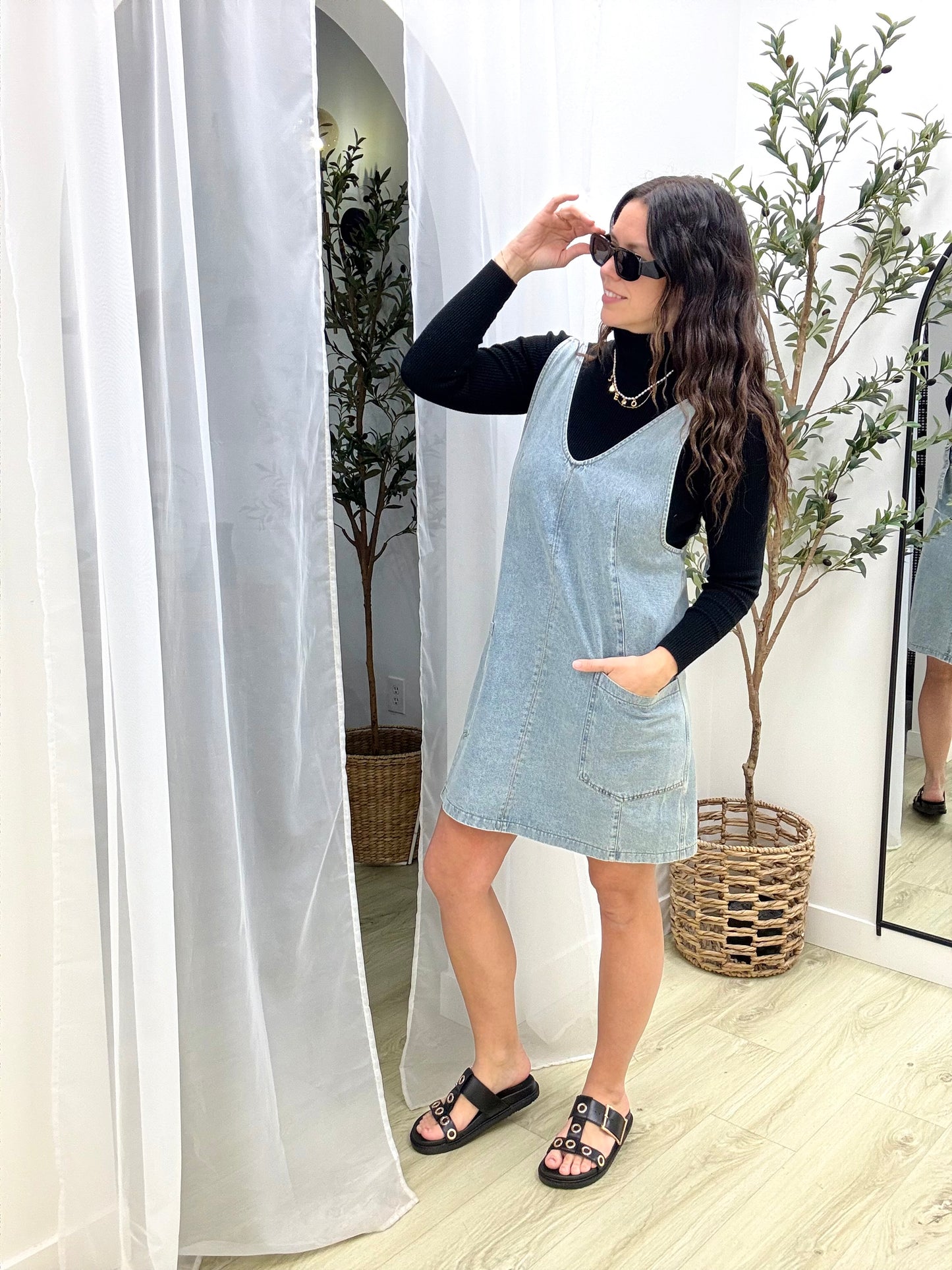 Scoop Neck Denim Short Overall Dress Skirtall