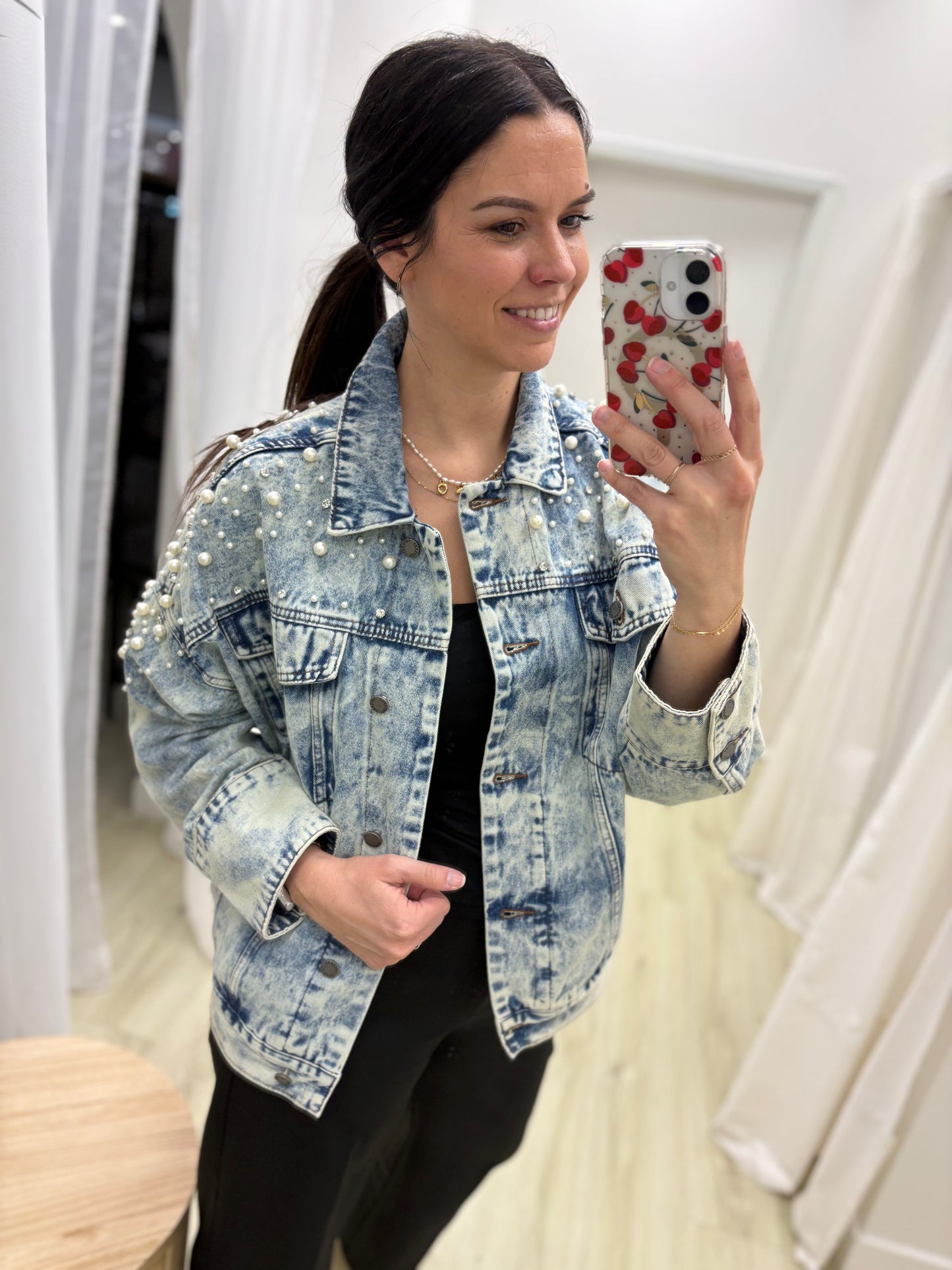 Pearl and Rhinestone Denim Jacket