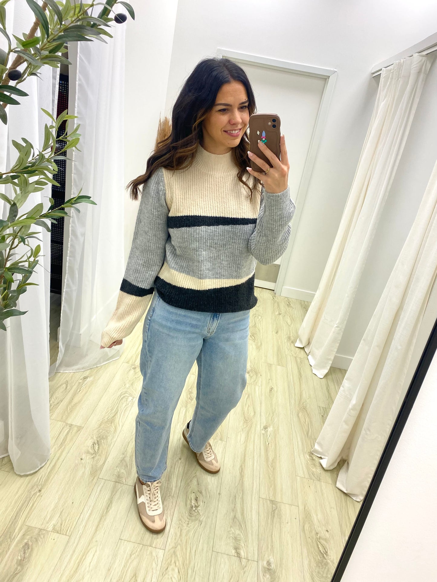 Mock Neck Colorblock Pattern Sweater