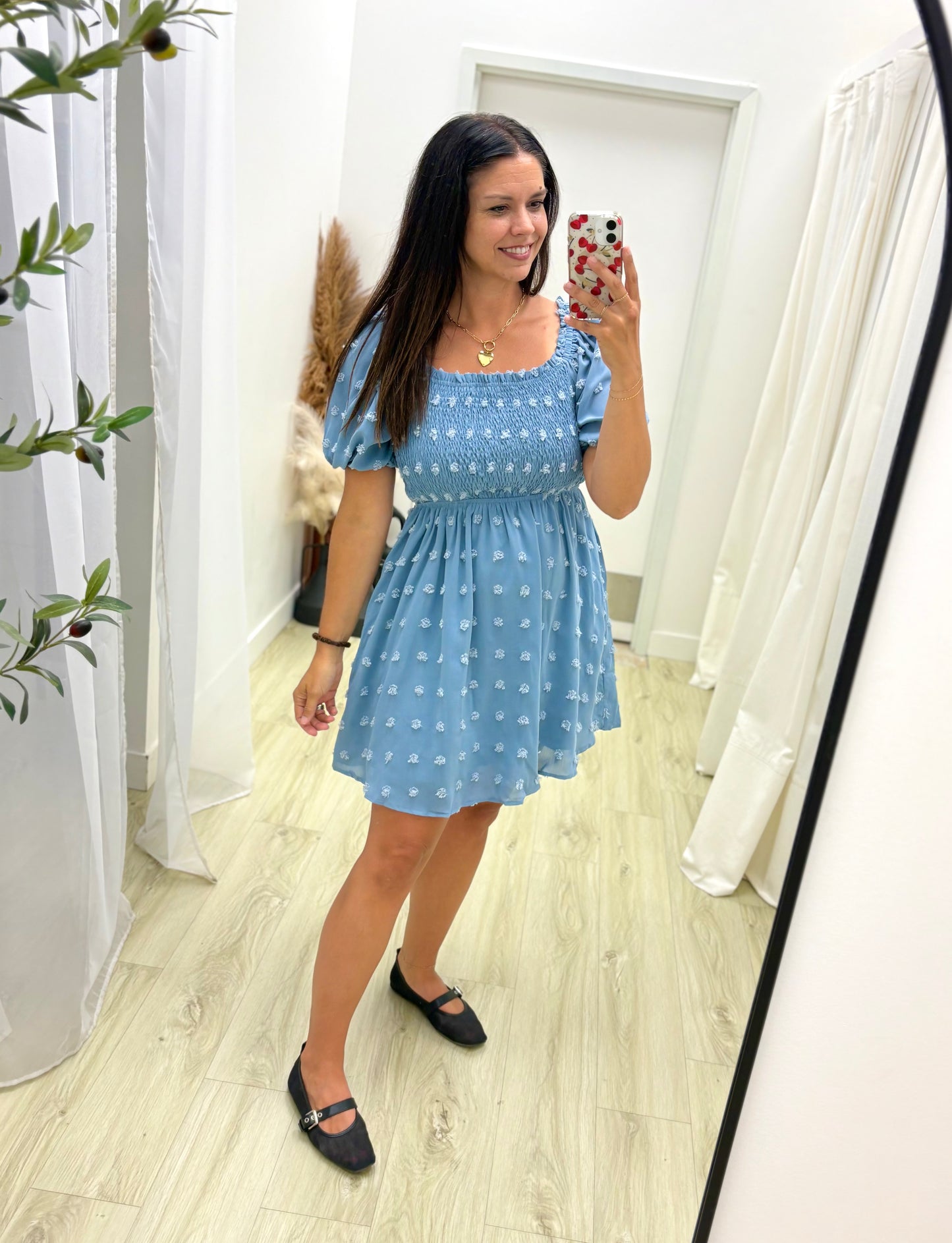 Textured Square Neckline Babydoll Mini Dress