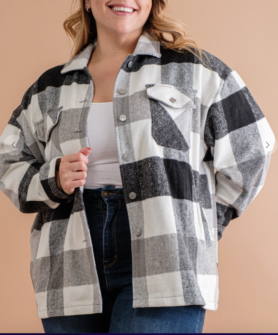 Fuzzy Plaid Button Down Shacket (1X-3X)