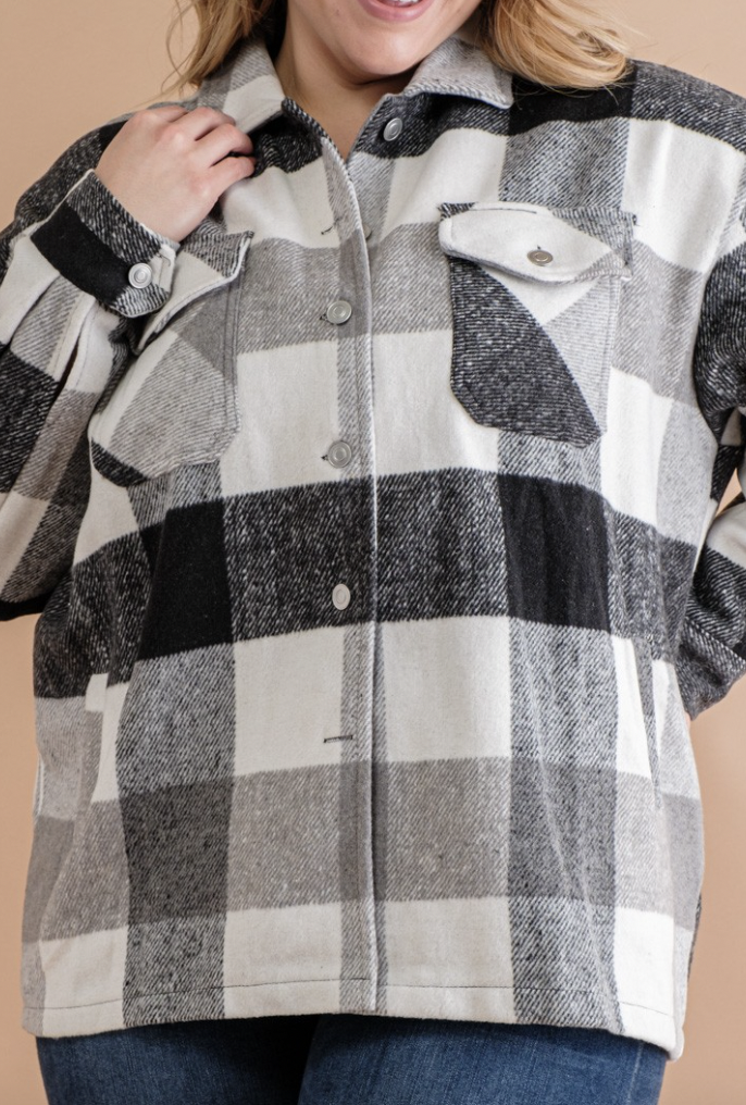 Fuzzy Plaid Button Down Shacket (1X-3X)