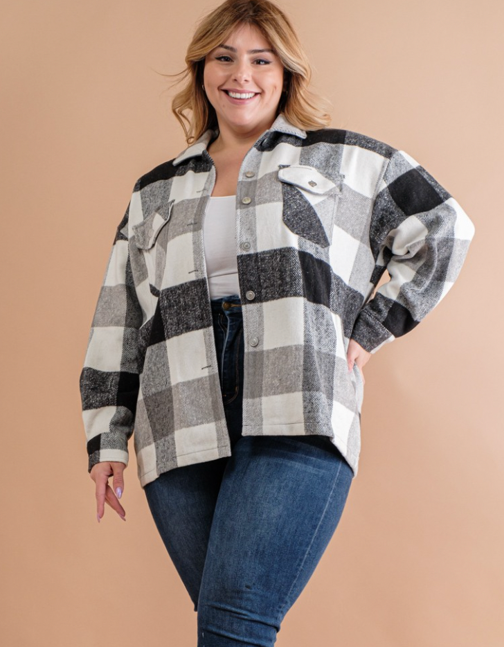 Fuzzy Plaid Button Down Shacket (1X-3X)
