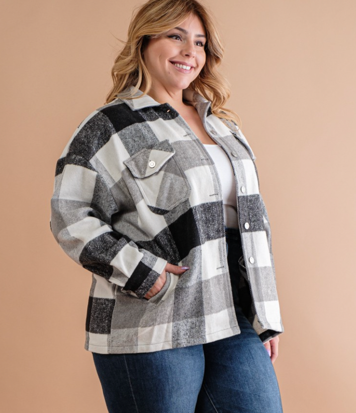 Fuzzy Plaid Button Down Shacket (1X-3X)
