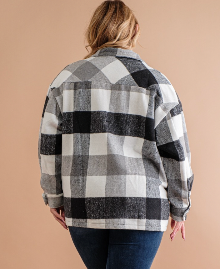 Fuzzy Plaid Button Down Shacket (1X-3X)