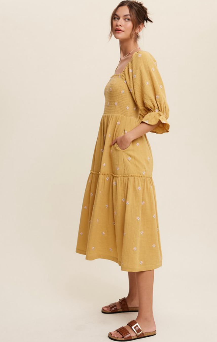 Sweet Magnolias Dress Mustard Colour