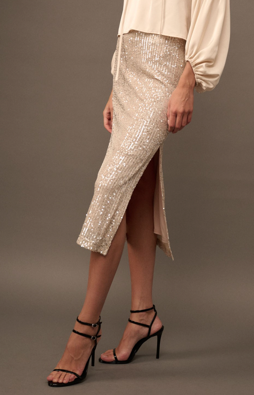 Rose gold store sequin midi skirt