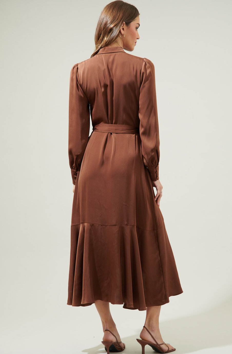 Brown satin wrap dress