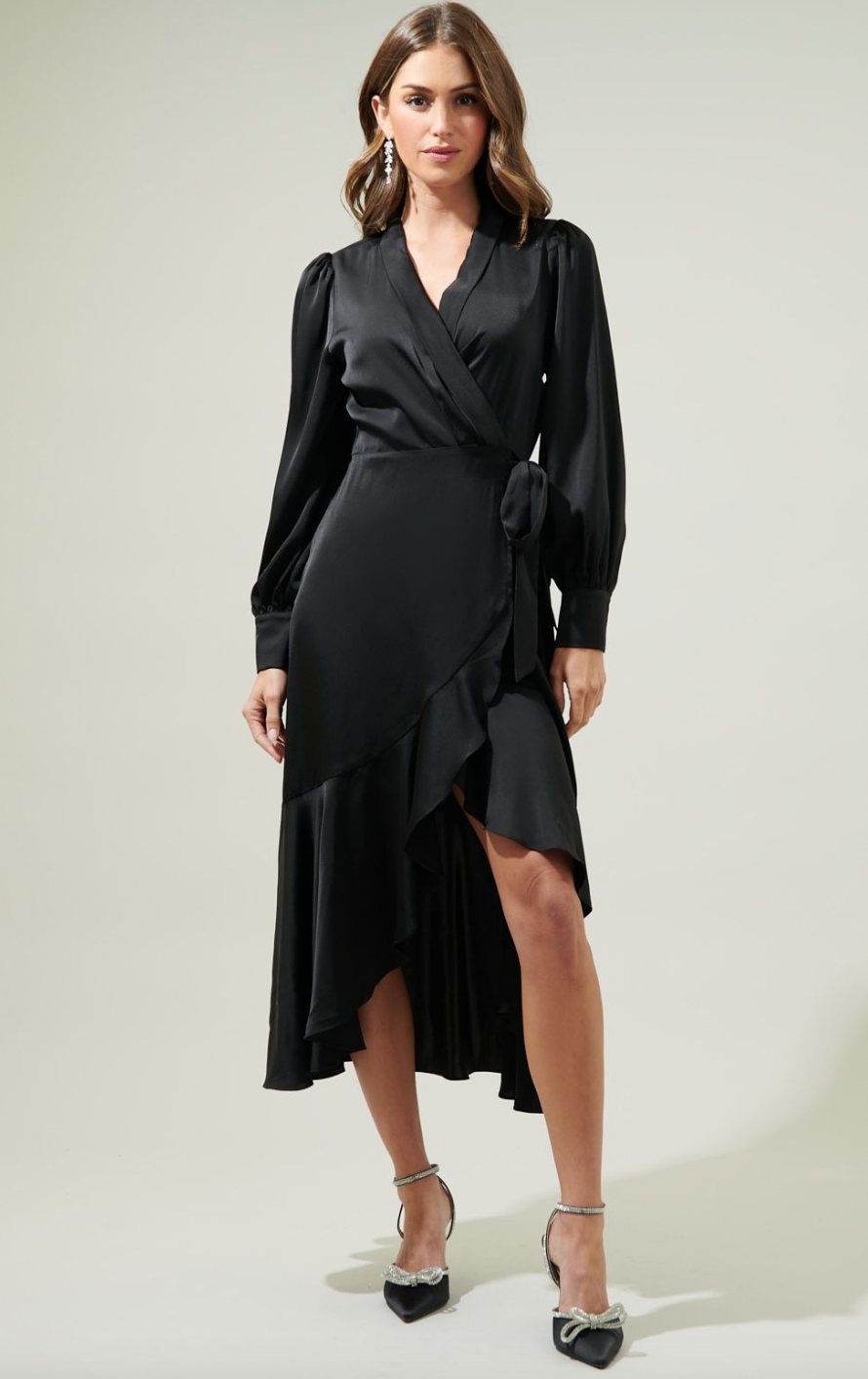 Black satin wrap dress