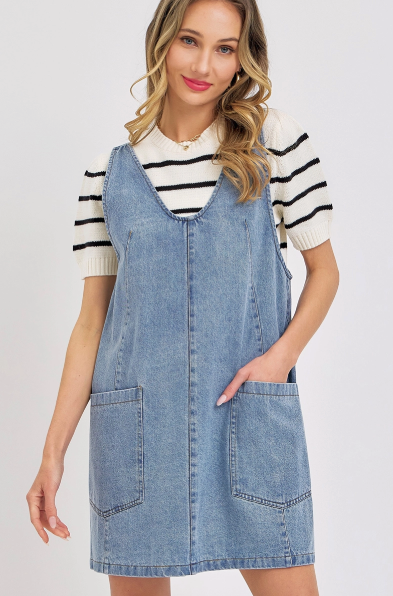 Scoop Neck Denim Short Overall Dress Skirtall