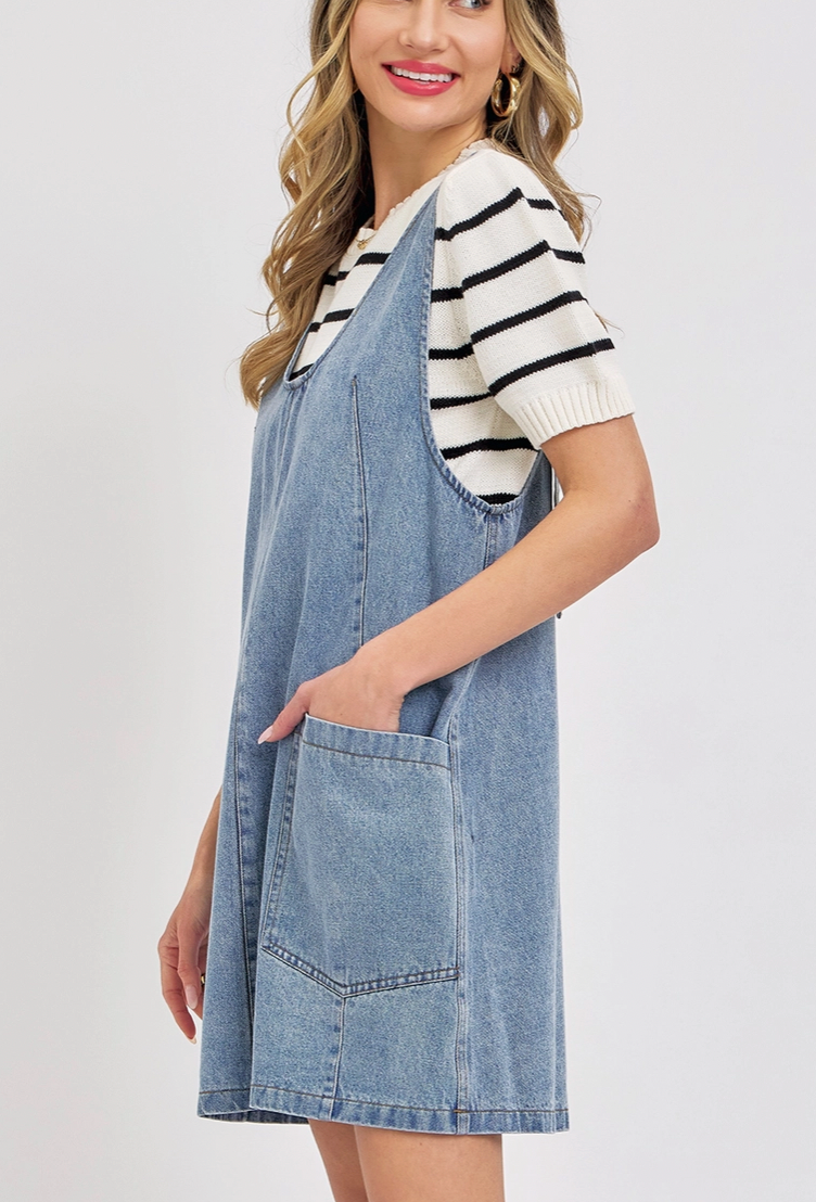 Scoop Neck Denim Short Overall Dress Skirtall