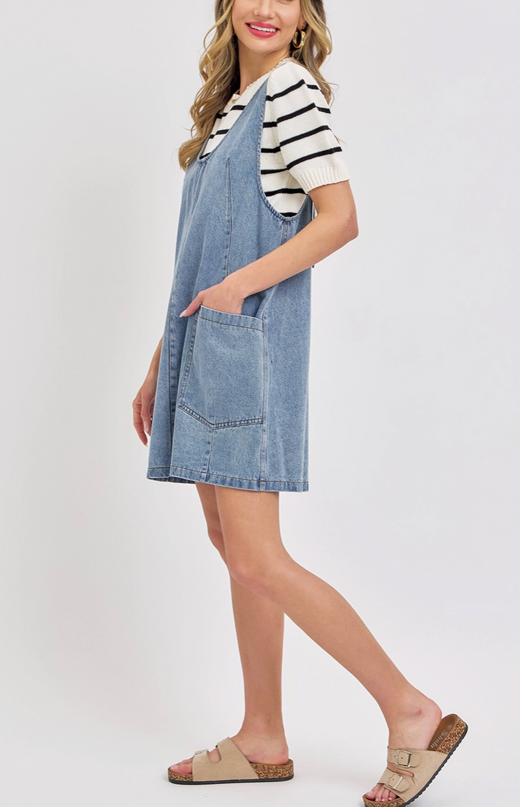 Scoop Neck Denim Short Overall Dress Skirtall