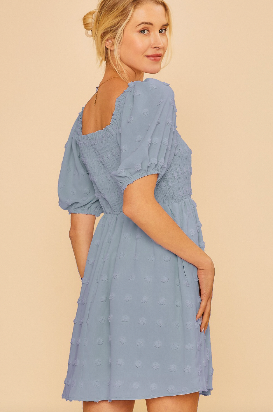 Textured Square Neckline Babydoll Mini Dress