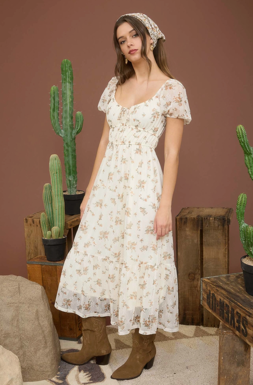 Puff Sleeve Front Tie Midi Dress