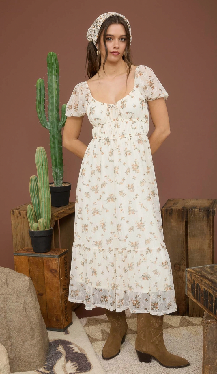 Puff Sleeve Front Tie Midi Dress