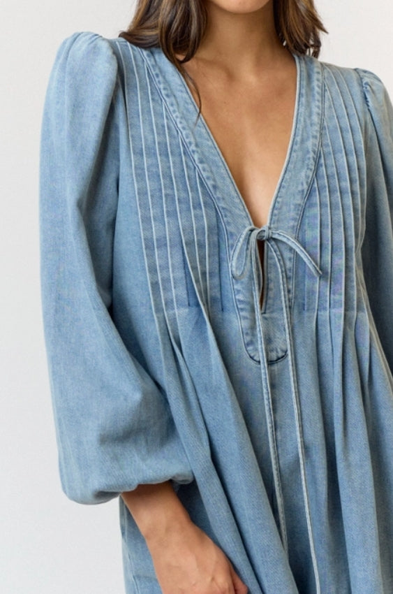 Pleated Long-Sleeve Denim Romper