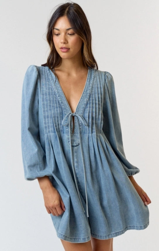 Pleated Long-Sleeve Denim Romper