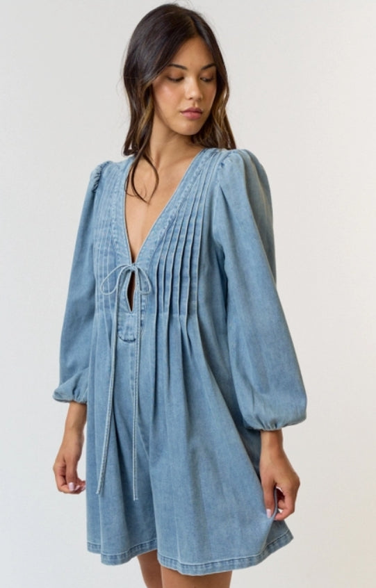 Pleated Long-Sleeve Denim Romper