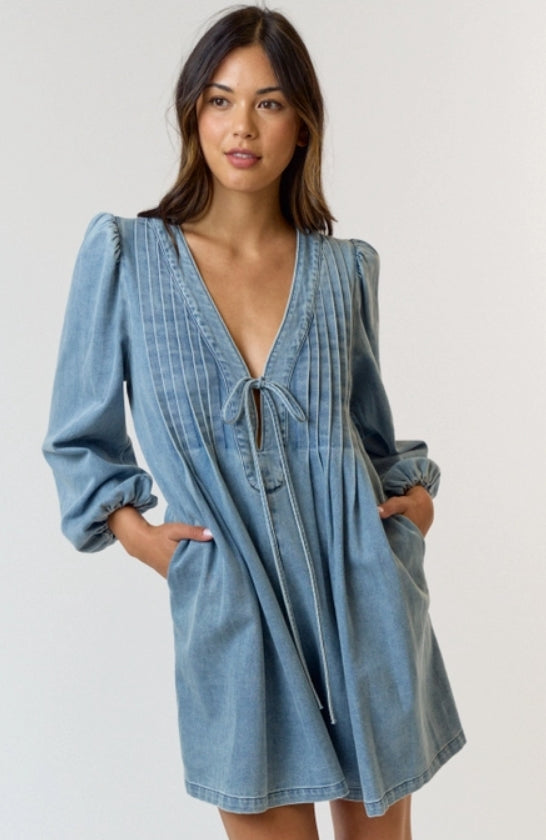 Pleated Long-Sleeve Denim Romper