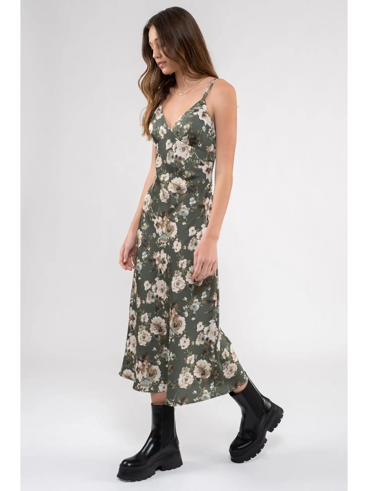 Satin floral midi dress