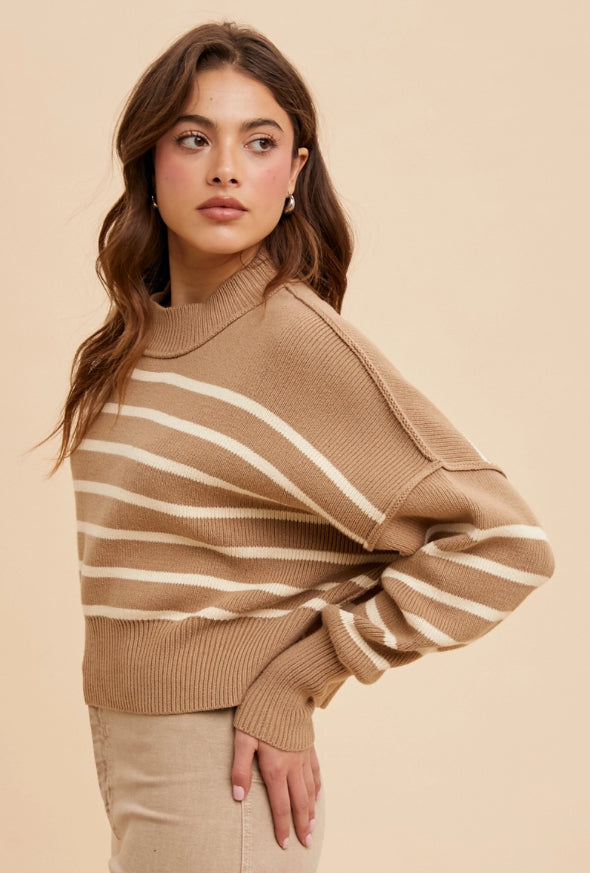 Striped Mock Neck Cropped Sweater