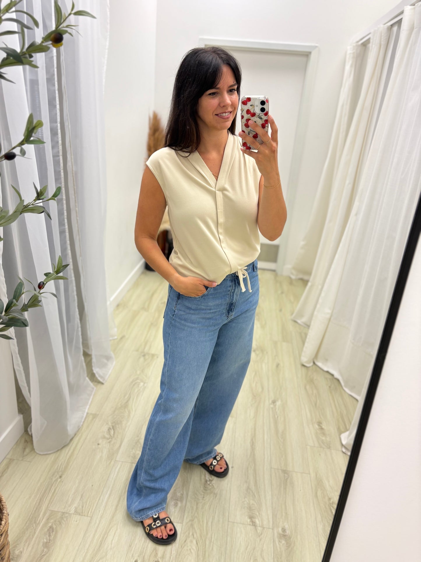 Pintucked V-Neck Modal Knit Top
