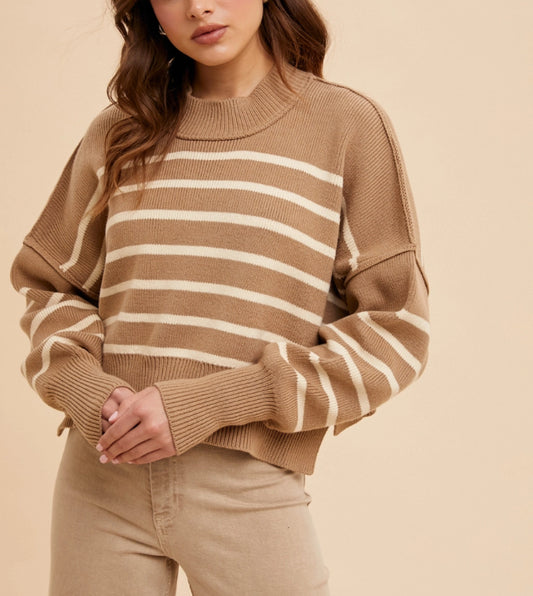 Striped Mock Neck Cropped Sweater