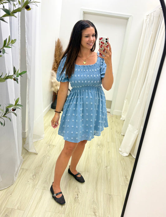 Textured Square Neckline Babydoll Mini Dress