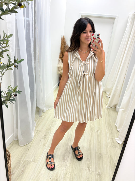 Front Bow Latte Stripe Dress