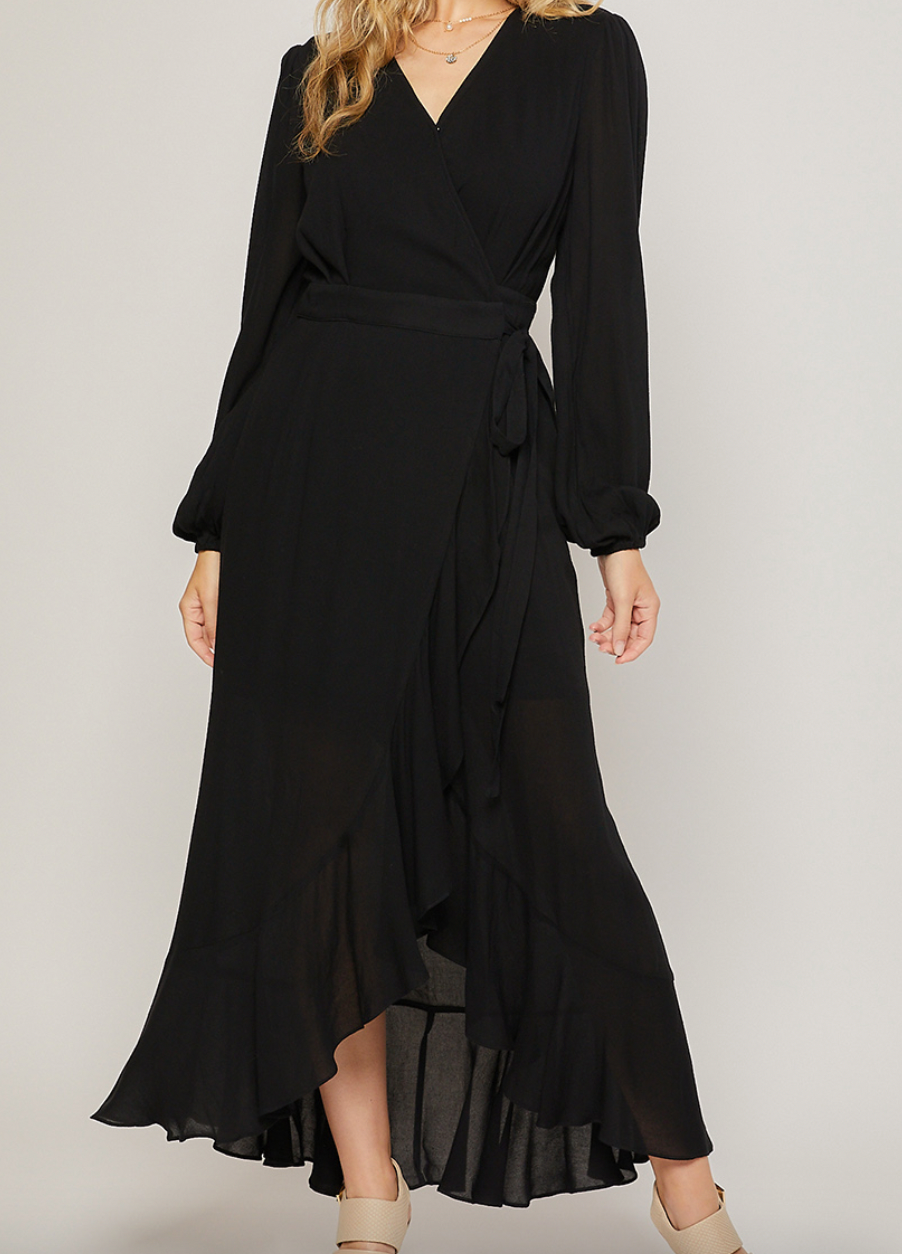 Black long sleeve maxi wrap dress