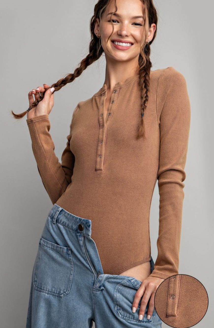 Mineral Washed Henley Long Sleeve Bodysuit (3 Colours)