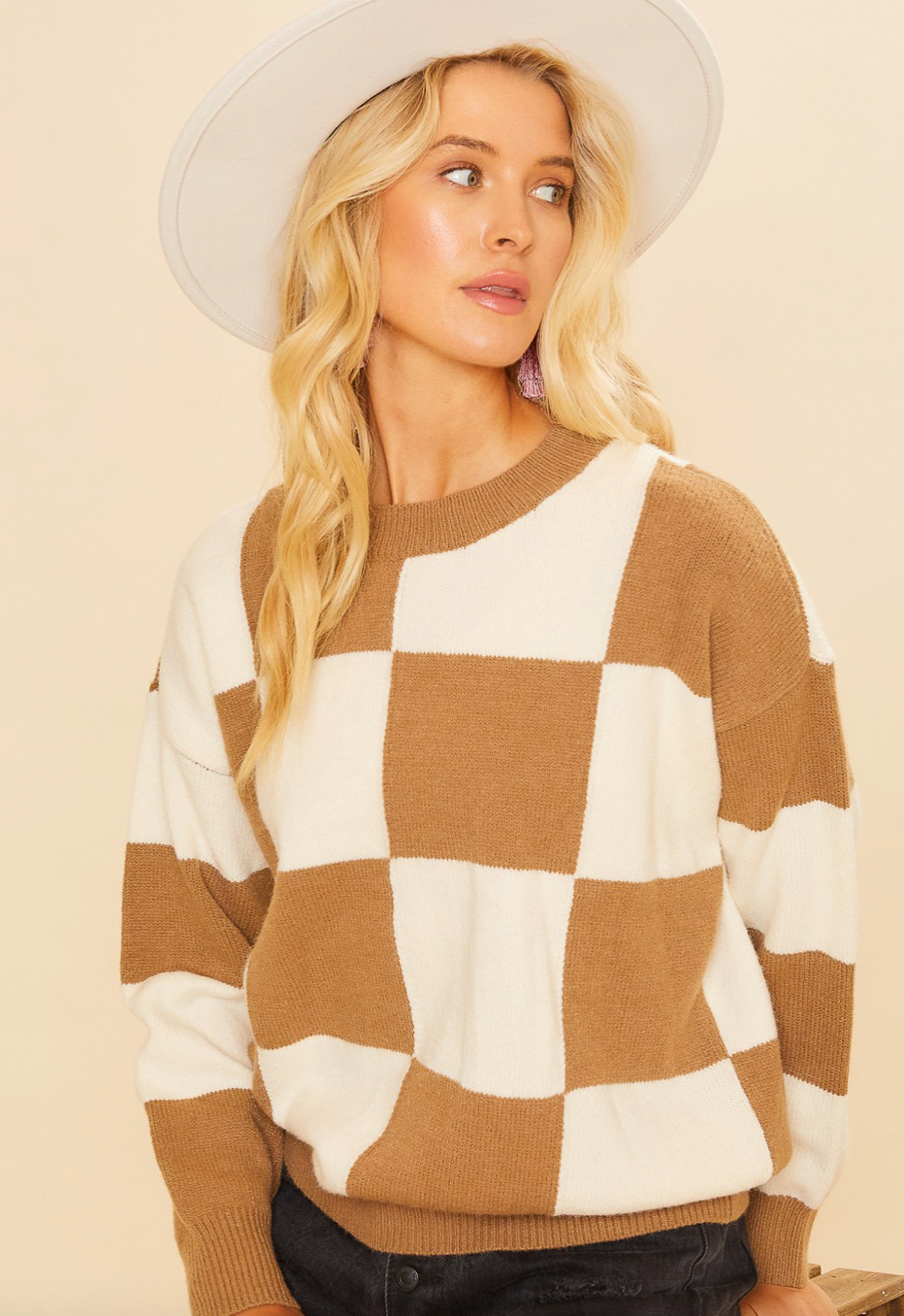 Brown and cream checkered sweater