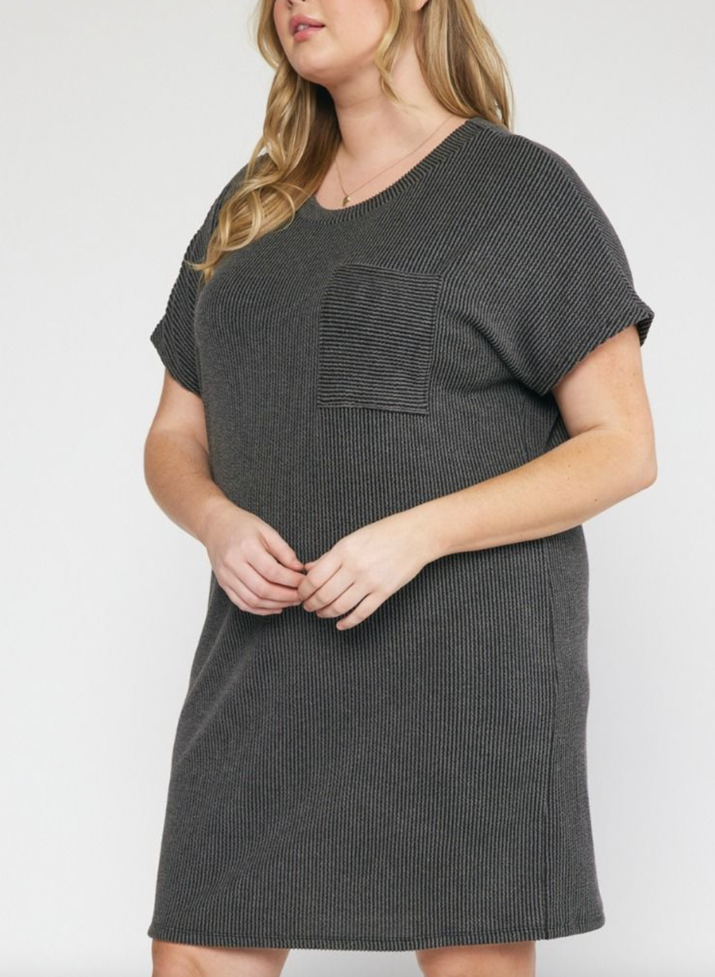 Charcoal Ribbed Knit T Shirt Dress (XL-2X)