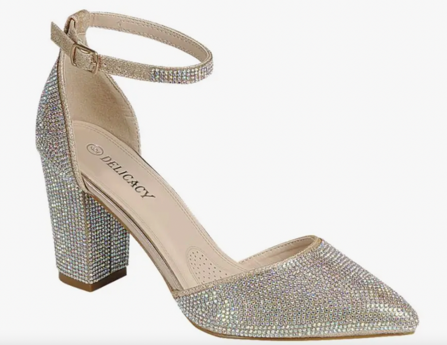 Sparkly heel with ankle strap and pointy toe