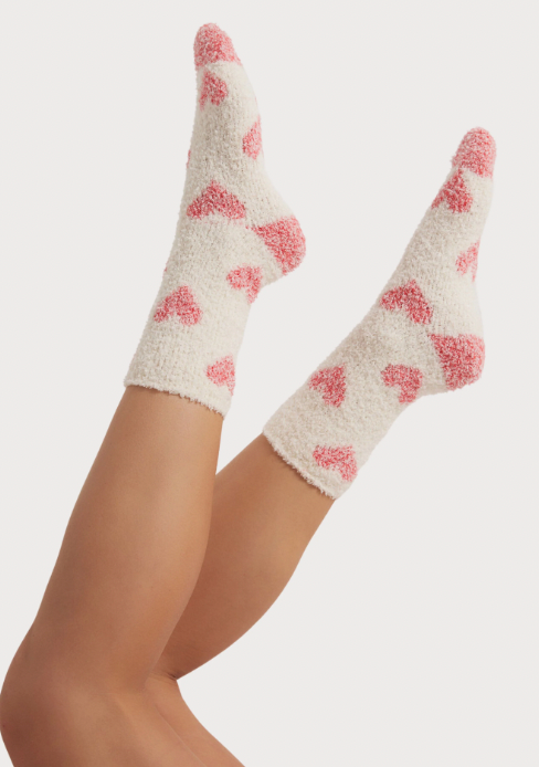 Plush Fleece Rolled Ankle Socks White Heart Print Pink