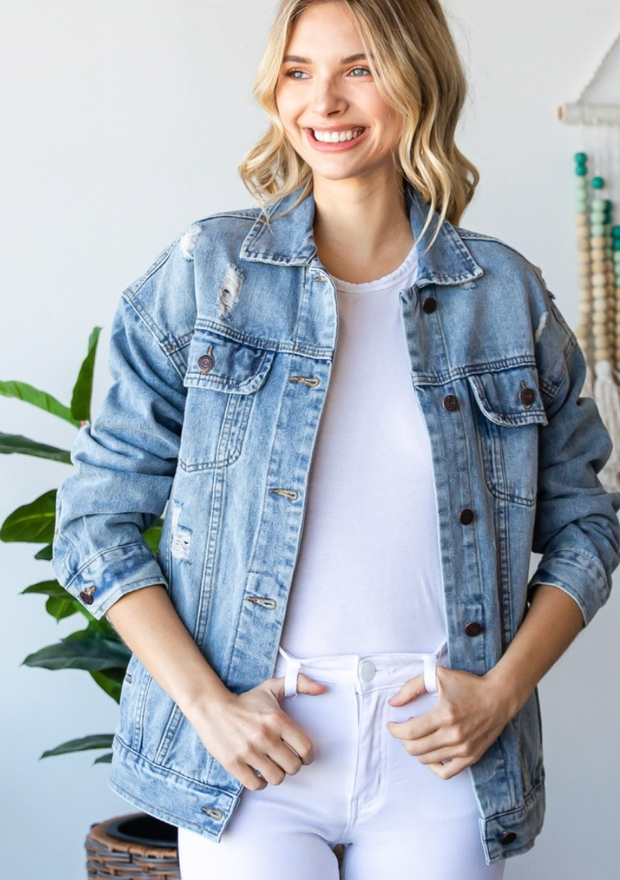 Medium Wash Distressed Jean Jacket (1X-3X)