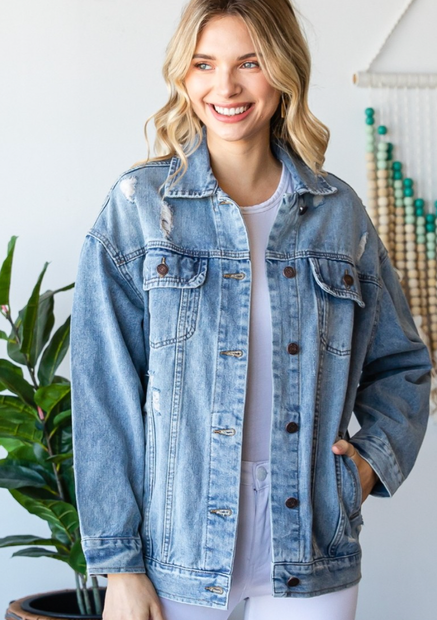 Medium Wash Distressed Jean Jacket (1X-3X)