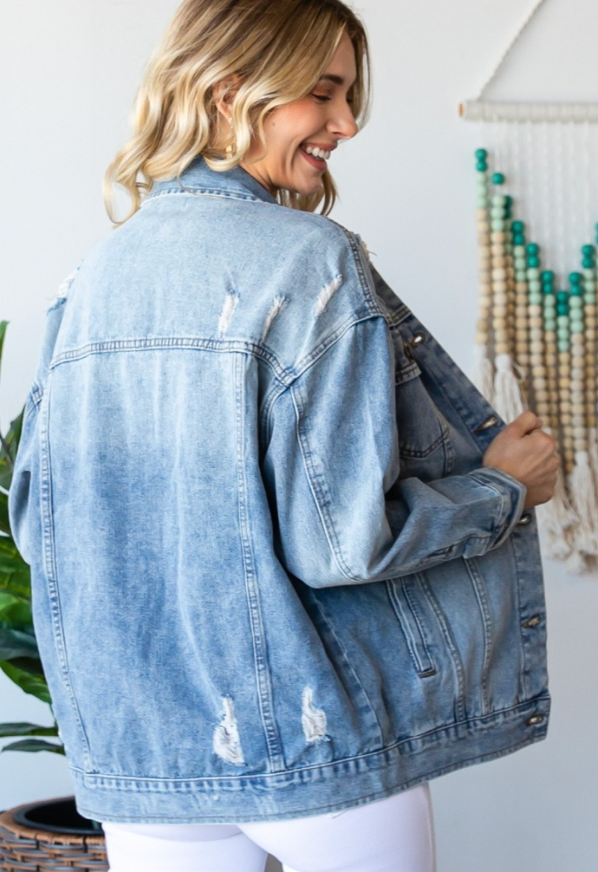 Medium Wash Distressed Jean Jacket (1X-3X)