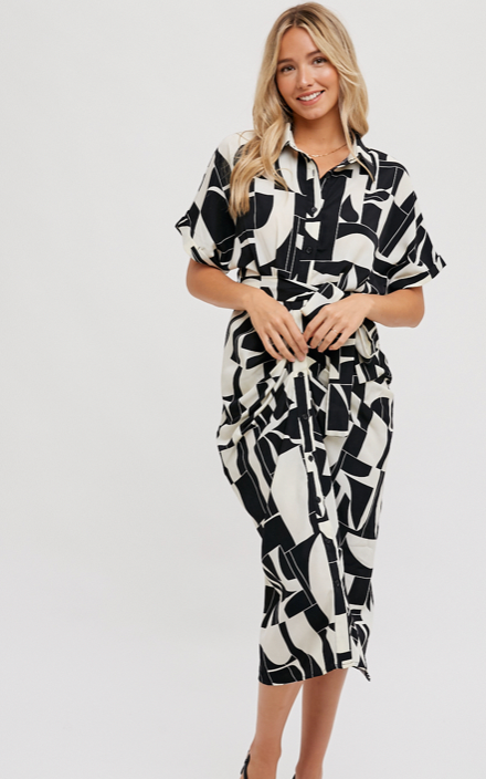 Abstract Printed Midi Shirt Dress