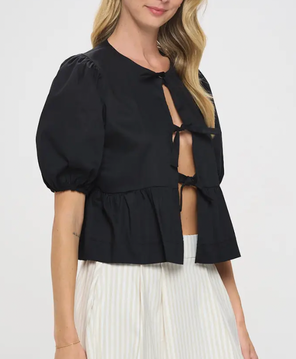 Cotton Puff Sleeve Front Tie Top