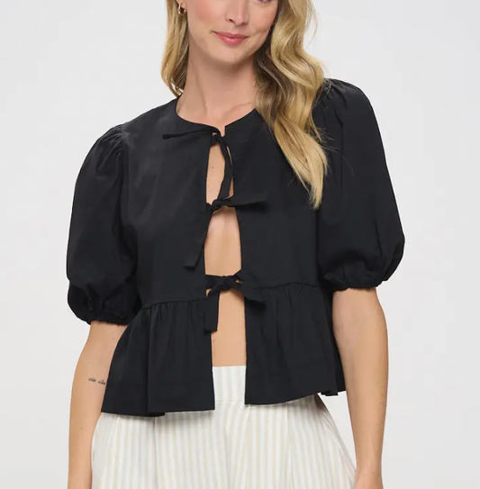 Cotton Puff Sleeve Front Tie Top