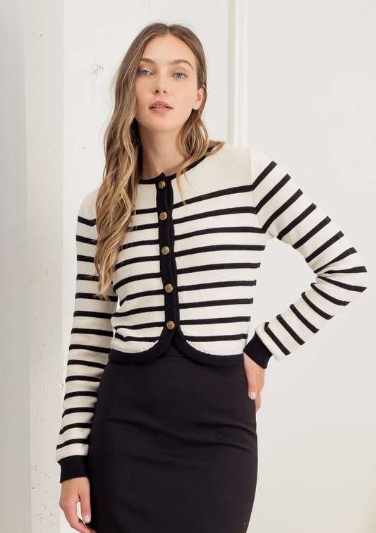 Stripe Round Neck Button Down Cardigan