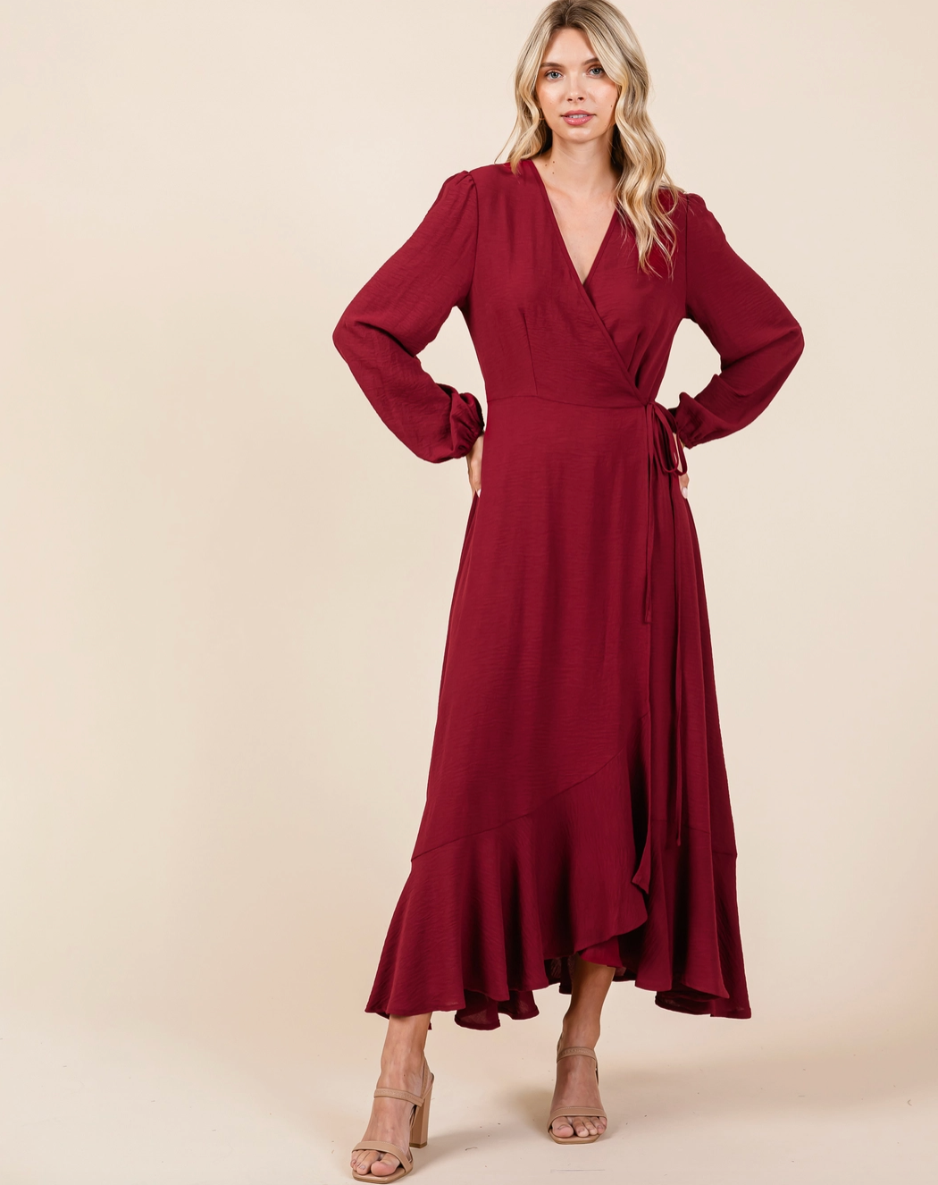 Ruffle Hem Long Sleeve Wrap Maxi Dress