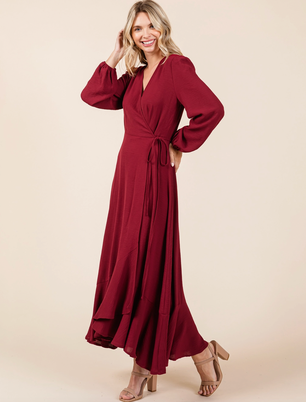 Ruffle Hem Long Sleeve Wrap Maxi Dress