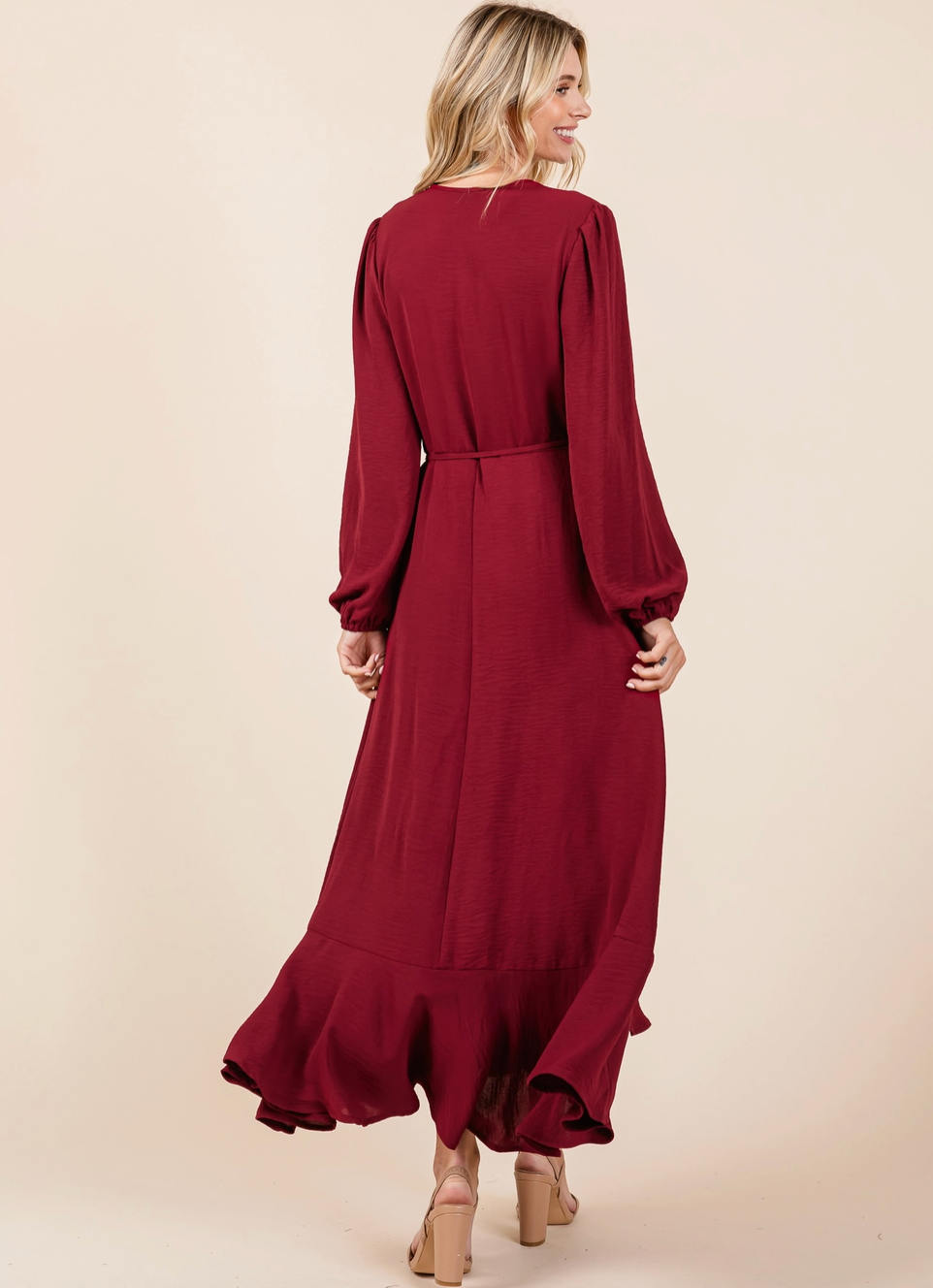 Ruffle Hem Long Sleeve Wrap Maxi Dress