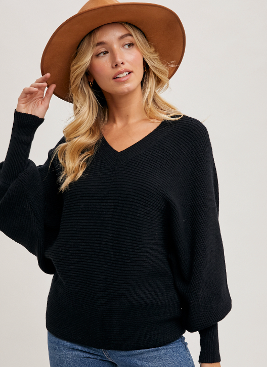 Dolman Sleeved V-Neck Knit Sweater