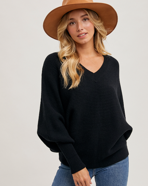 Dolman Sleeved V-Neck Knit Sweater