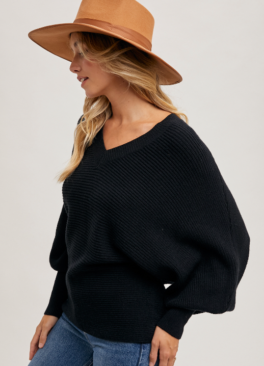 Dolman Sleeved V-Neck Knit Sweater