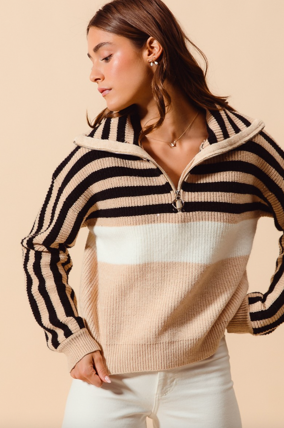 Stripe Sequin Embellished Half Zip Pullover