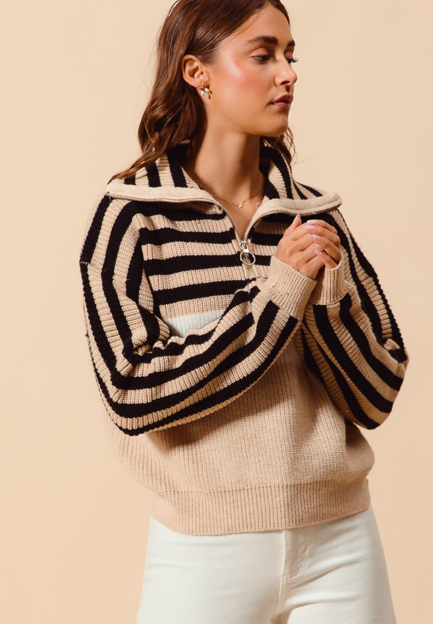 Stripe Sequin Embellished Half Zip Pullover